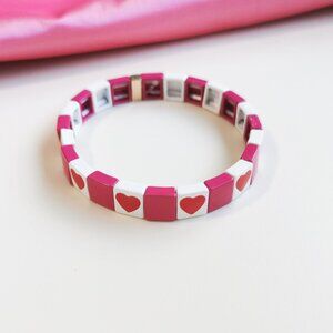 Roxanne Assoulin Gold All Heart Enameled Stretch Bracelet Pink White